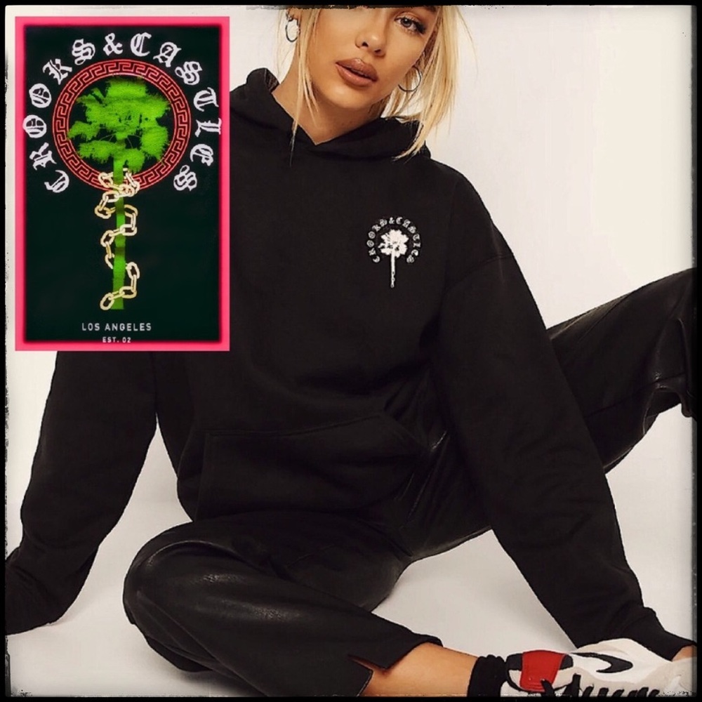 Crooks & Castles Black Heavyweight Sweatshirt Streetwear Palm Tree/Chains Hoodie
